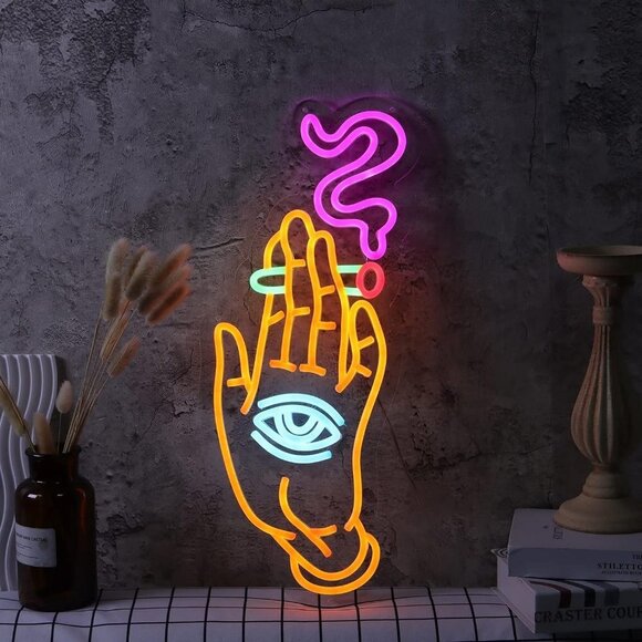 NEW Neon Wall Art Hand Eye Smoke Boho Hippie Neon Sign - Picture 1 of 4